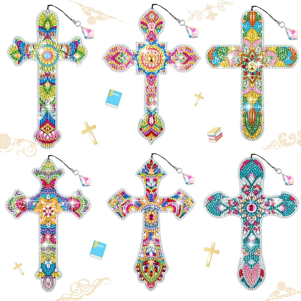 6 Pcs Cross 5D Diamond Art Kit for Adults – DIY Crystal Diamond Painting Bookmarks, Christmas & Religious Gifts for Christians, Home & Office Craft, 6 Styles